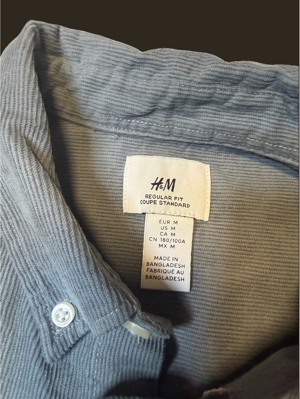 H&M Regular Fit Corduroy Grey  Long-Sleeve Button-Down Shirt